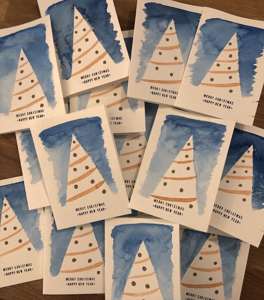 Christmas cards - Snowy tree - 2020 - Watercolour & gel roller