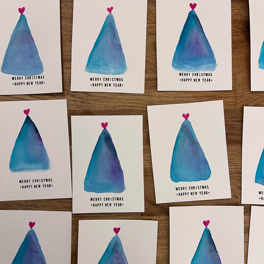 Christmas cards - Blueish tree - 2023 - Brushpen & gel roller